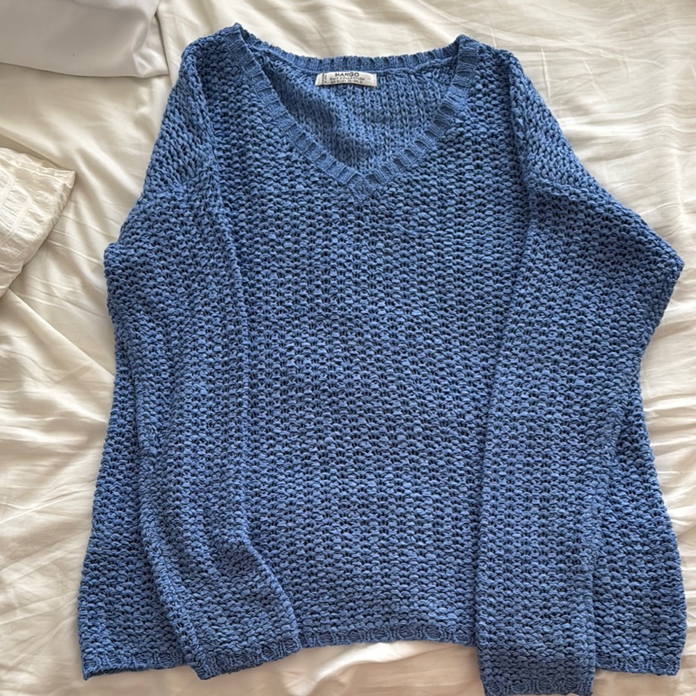 Mango Blue V-Neck Sweater with Chunky Knit
